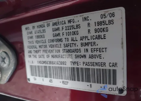 2006 Honda Accord 2.4 Se from USA, damaged, VIN 1HGCM56366A143992